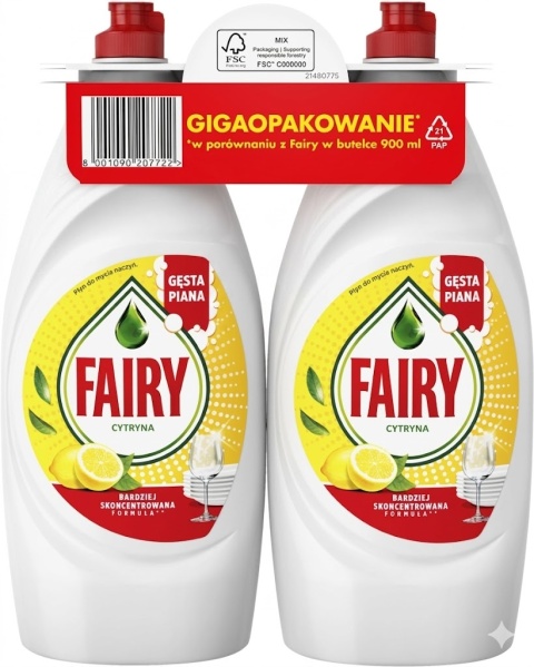 Fairy 2x900 ml Cytryna Płyn do mycia naczyń Gigaopakowanie